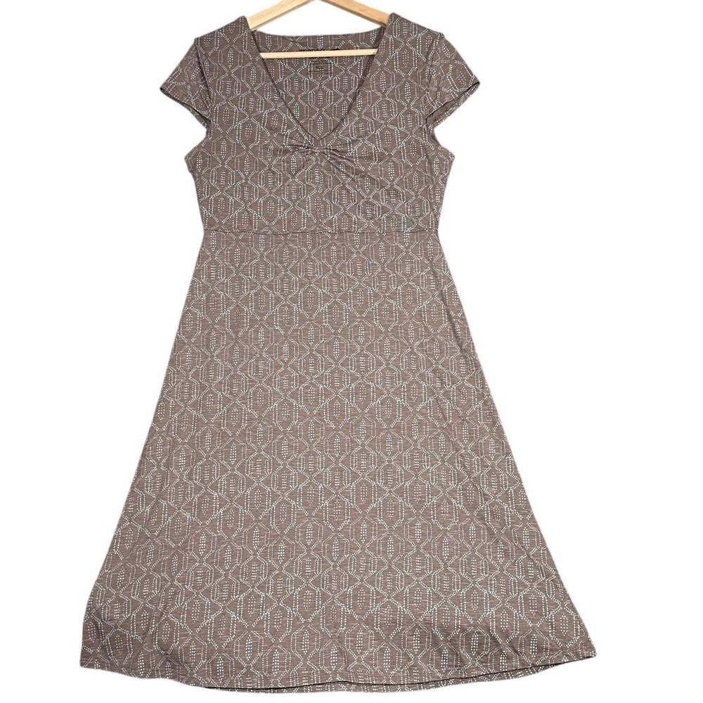 Toad&Co ROSEMARIE DRESS‎ Midi Brown Geometric Print Twist Neck Cap Sleeve Eco